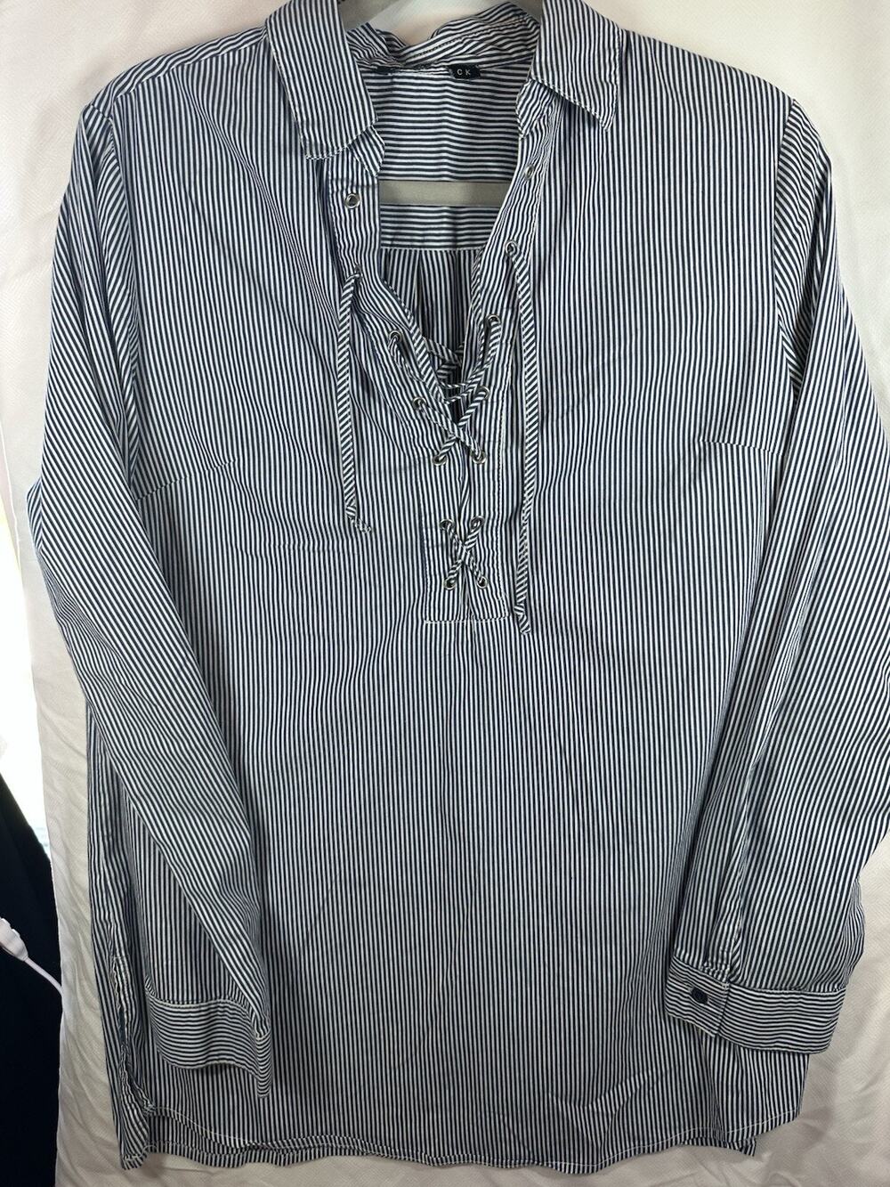 Como Black Women’s M Blue White Stripe Lace Up Tunic Blouse Long Sleeve Shirt